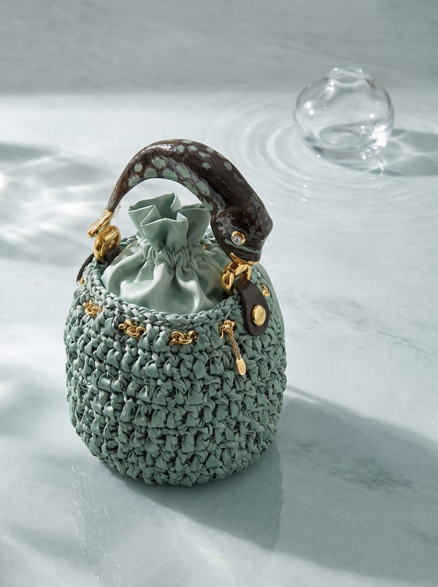 Sage Green Bucket Bag with Fish Sculpture Handle