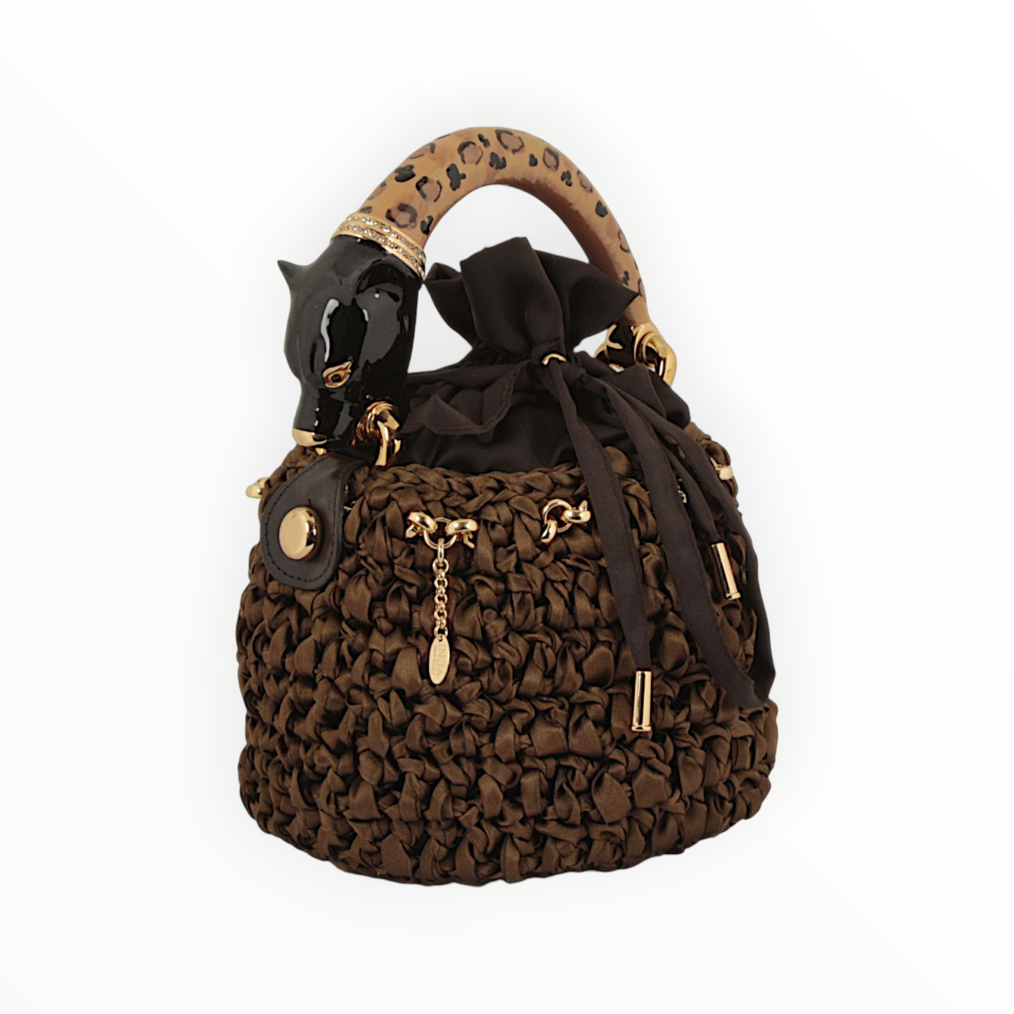 Savage Royal coffee bucket bag in crocheted satin with panther sculpture handle