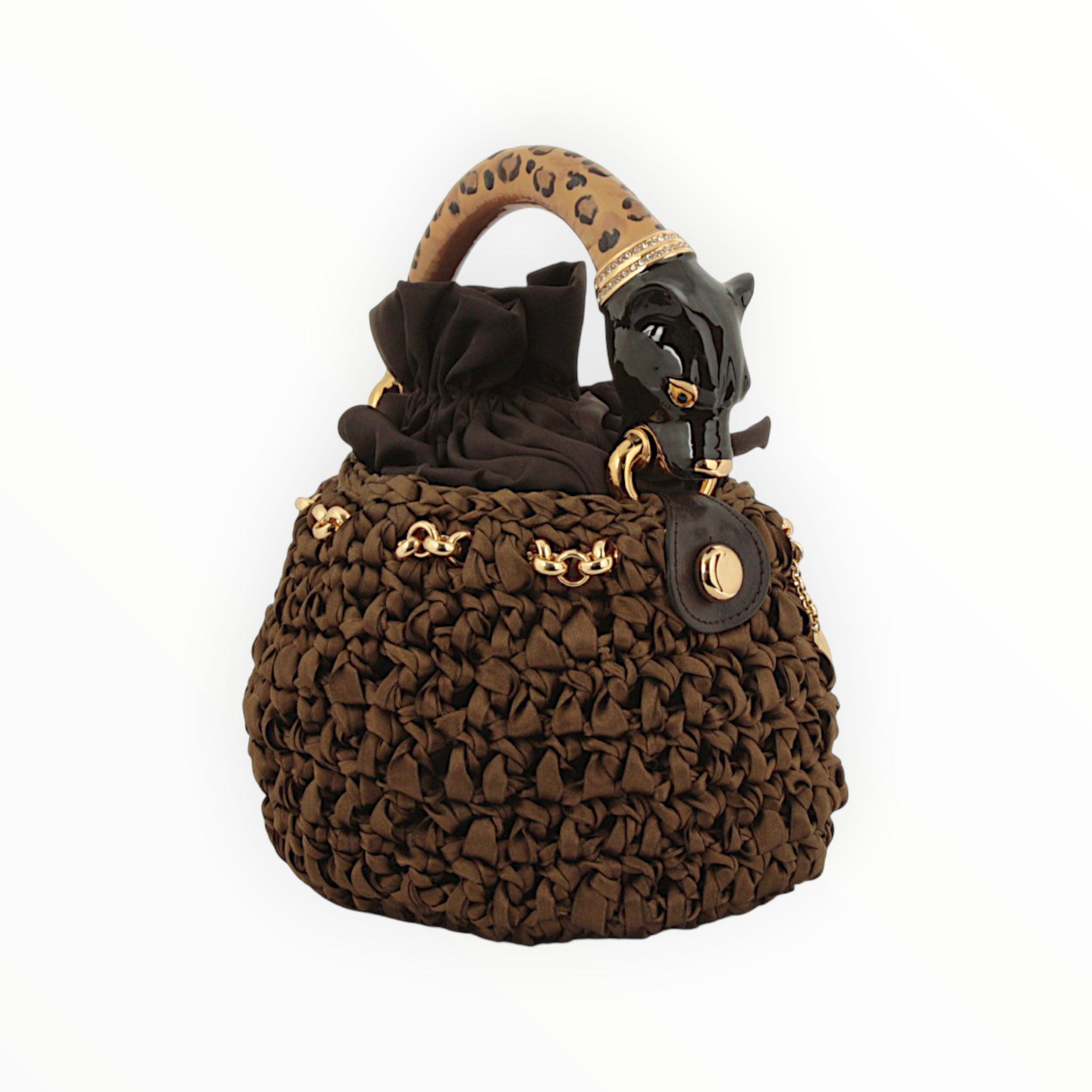 Savage Royal coffee bucket bag in crocheted satin with panther sculpture handle