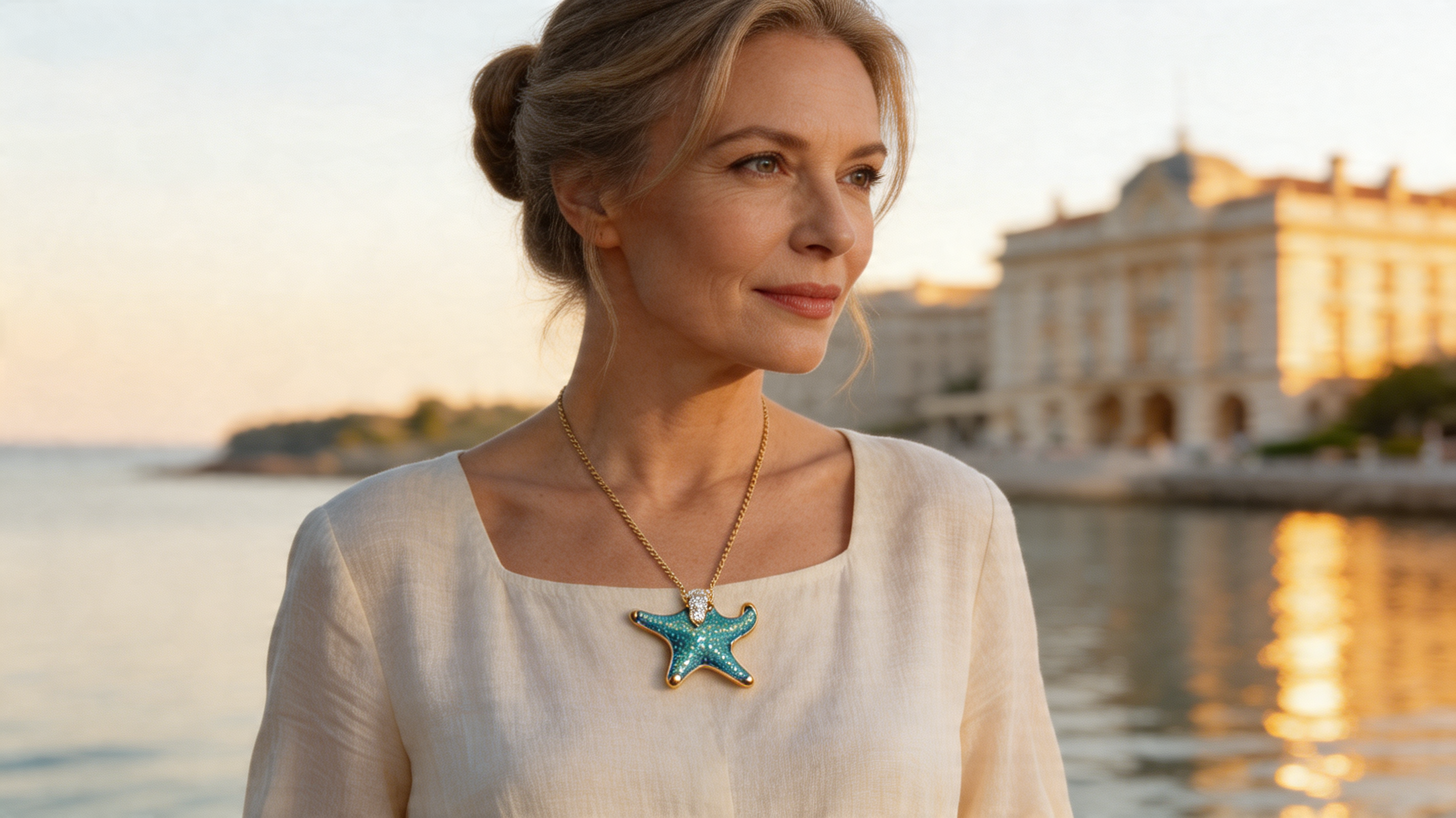 Starfish pendant necklace in hand-enamelled 24 kt gold plated brass with Swarovski crystal detail, Made in Italy