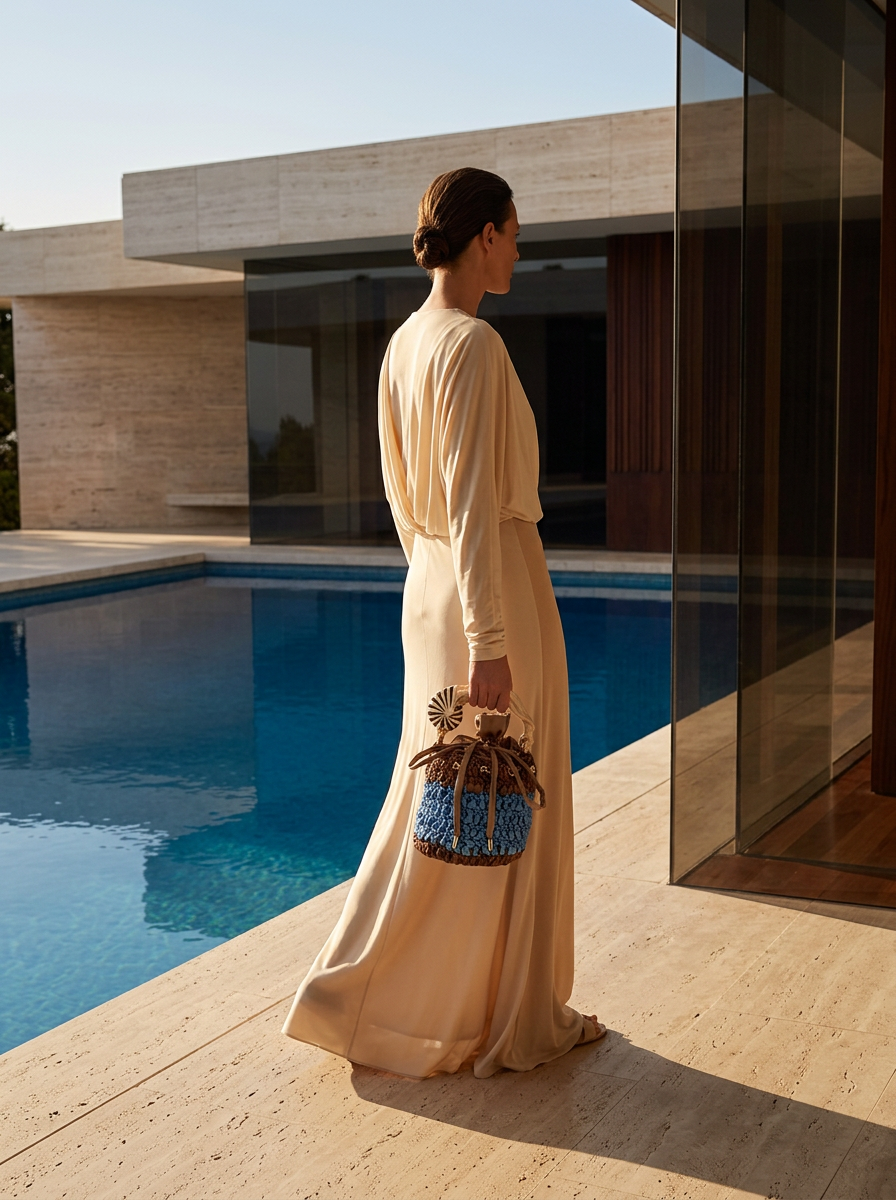 Two-tone blue and brown bucket bag in crocheted satin with nautilus sculpture handle