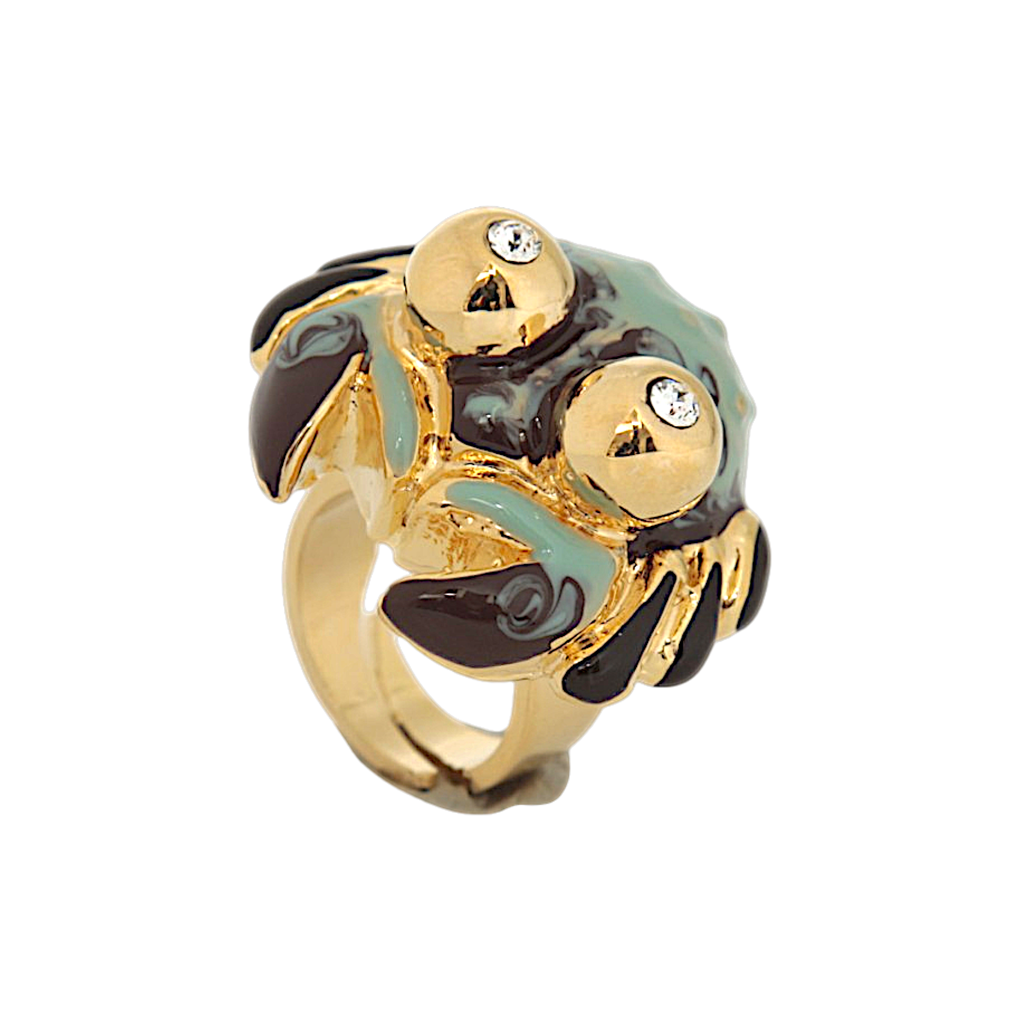 Crab jewel ring in hand-enamelled 24 kt gold plated brass with Swarovski crystals, Made in Italy