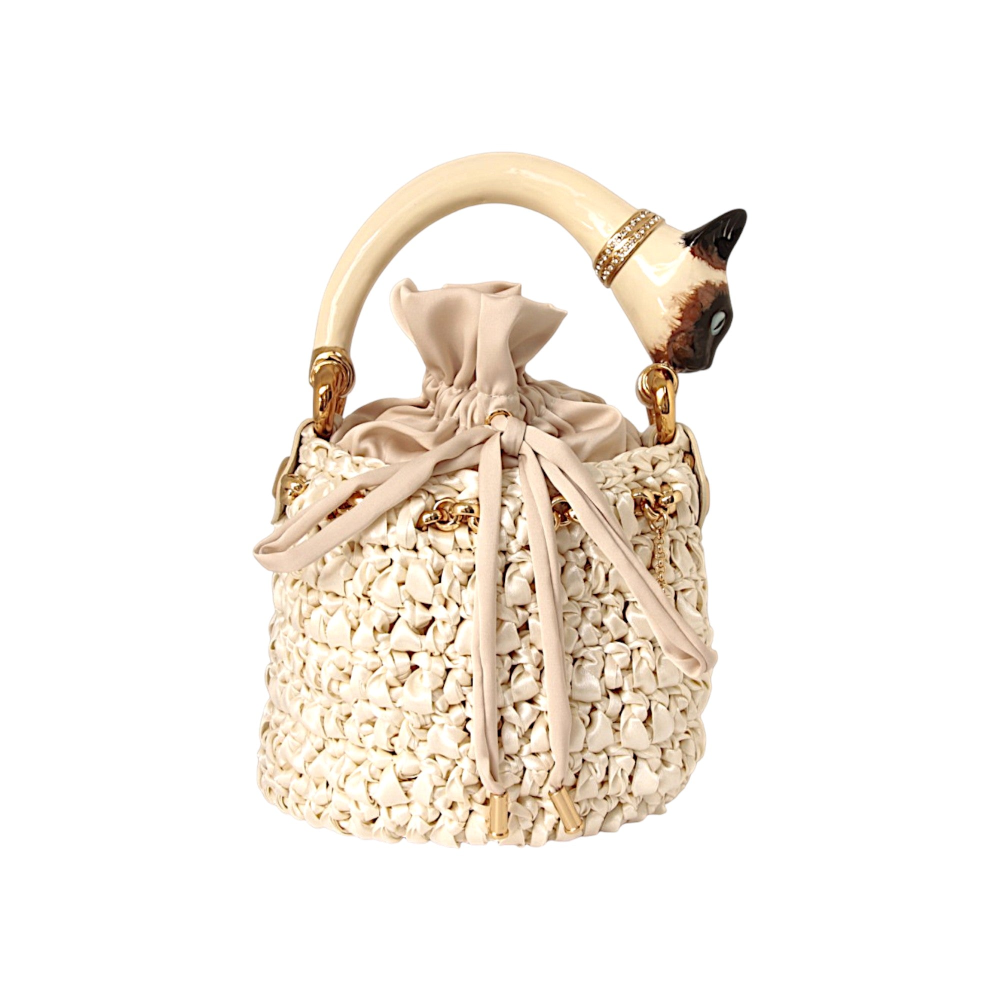 Handmade Italian ivory bucket bag with sculptural cat handle