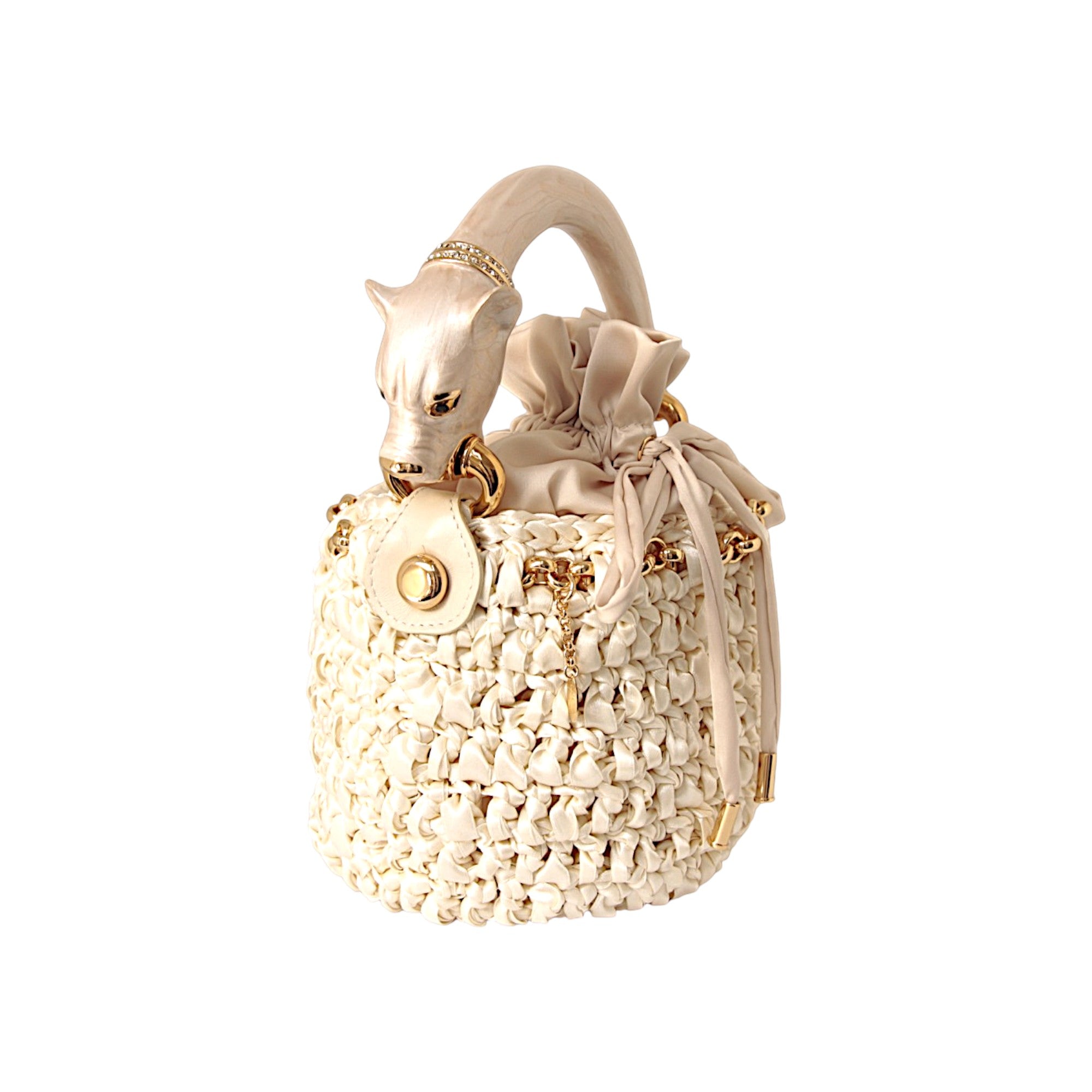 Handmade Italian ivory bucket bag with sculptural pearlescent panther handle