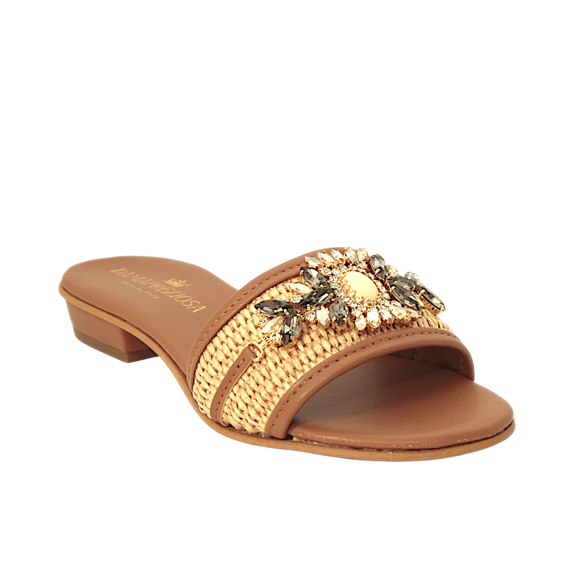 DAMAPREZIOSA Heritage Raffia Mule in natural raffia and brown Ohoskin with Heritage crystal jewel