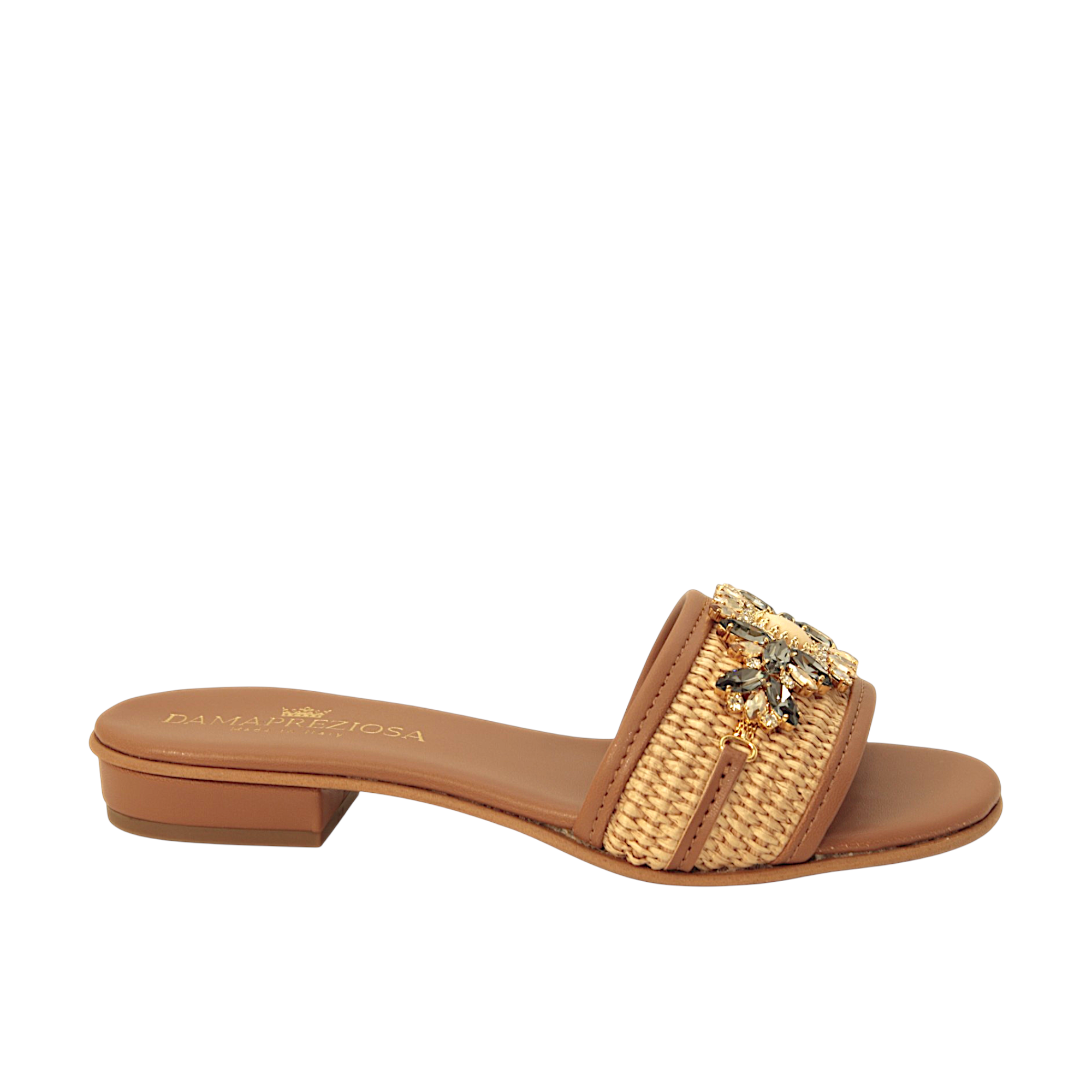 DAMAPREZIOSA Heritage Raffia Mule in natural raffia and brown Ohoskin with Heritage crystal jewel