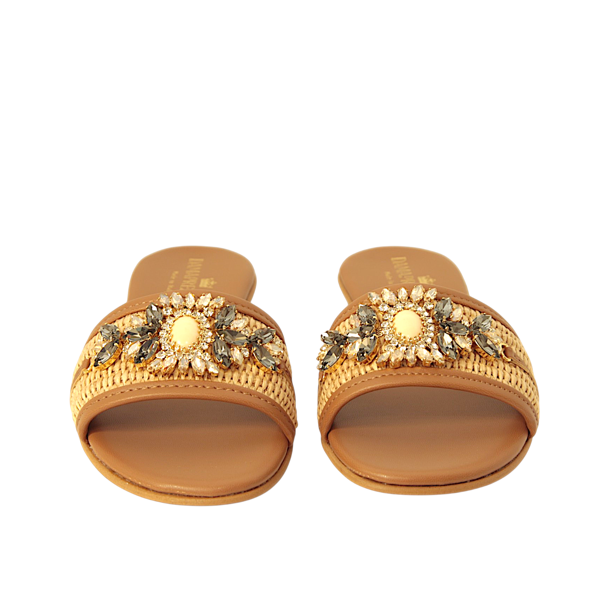 DAMAPREZIOSA Heritage Raffia Mule in natural raffia and brown Ohoskin with Heritage crystal jewel