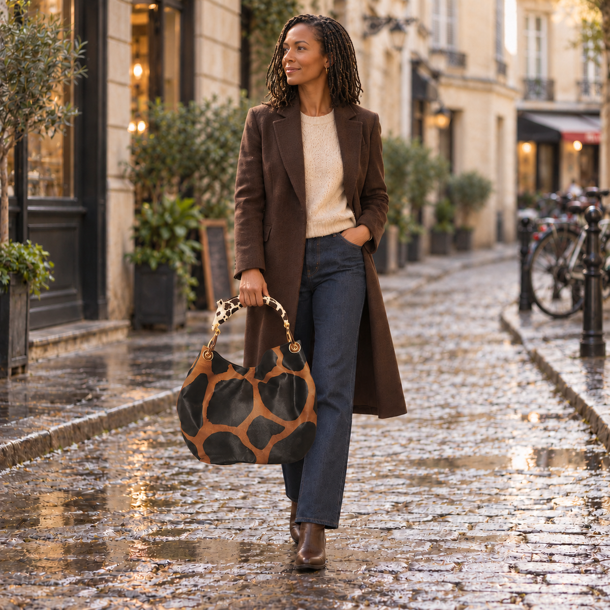 Woman holding a large giraffe-print hair-on leather bag with giraffe sculpture handle walking along a cobbled city street after the rain.