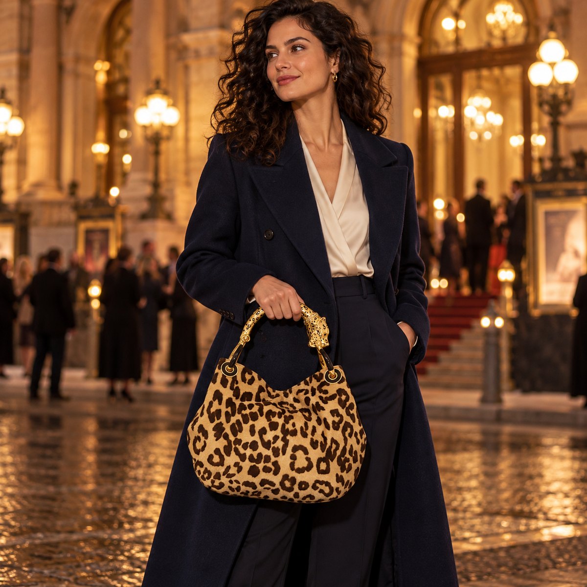 Woman carrying the INGA jaguar-print pony hair medium handbag with jaguar sculpture handle, styled for winter.