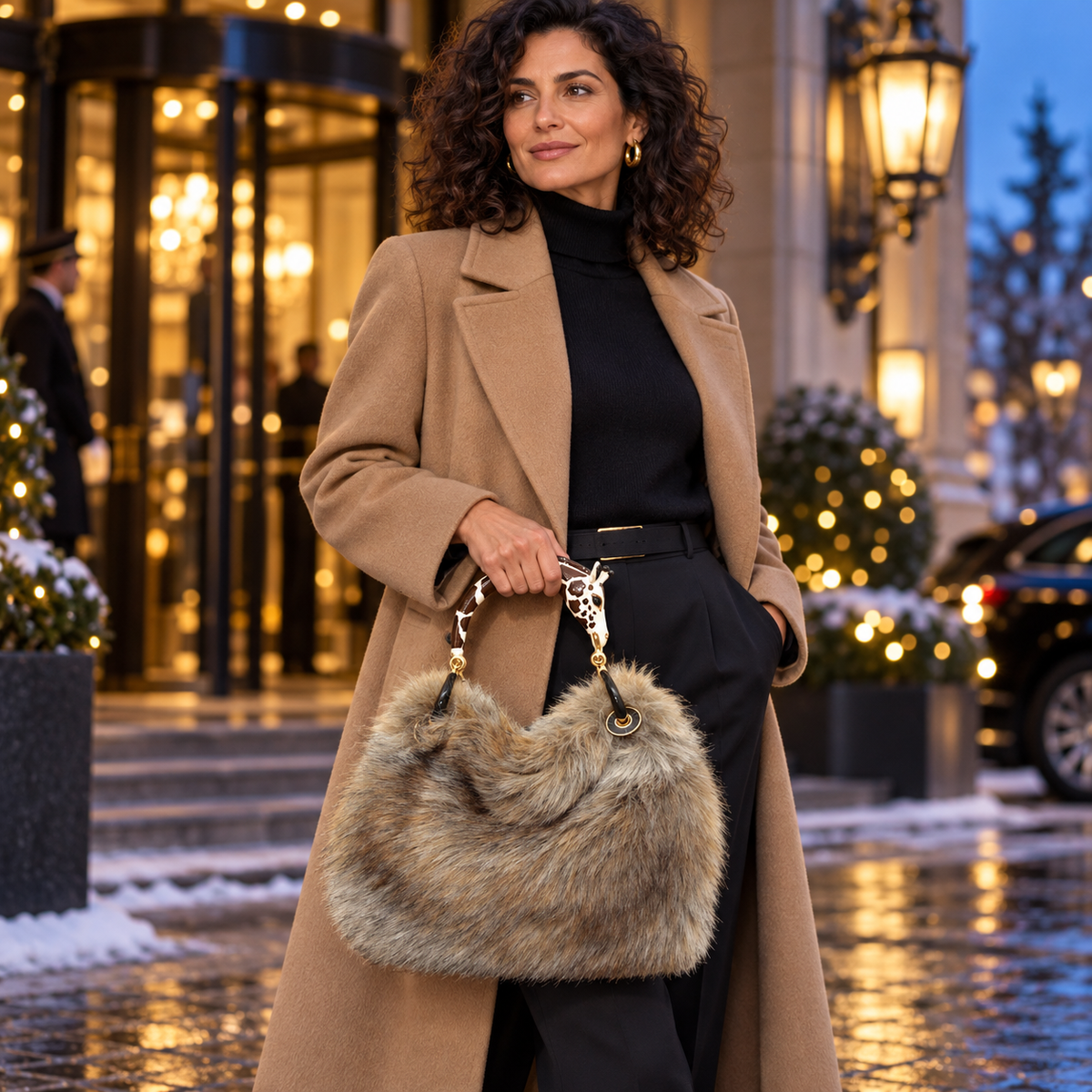 Woman carrying the INGA beige faux fur medium handbag with giraffe sculpture handle, styled for winter.
