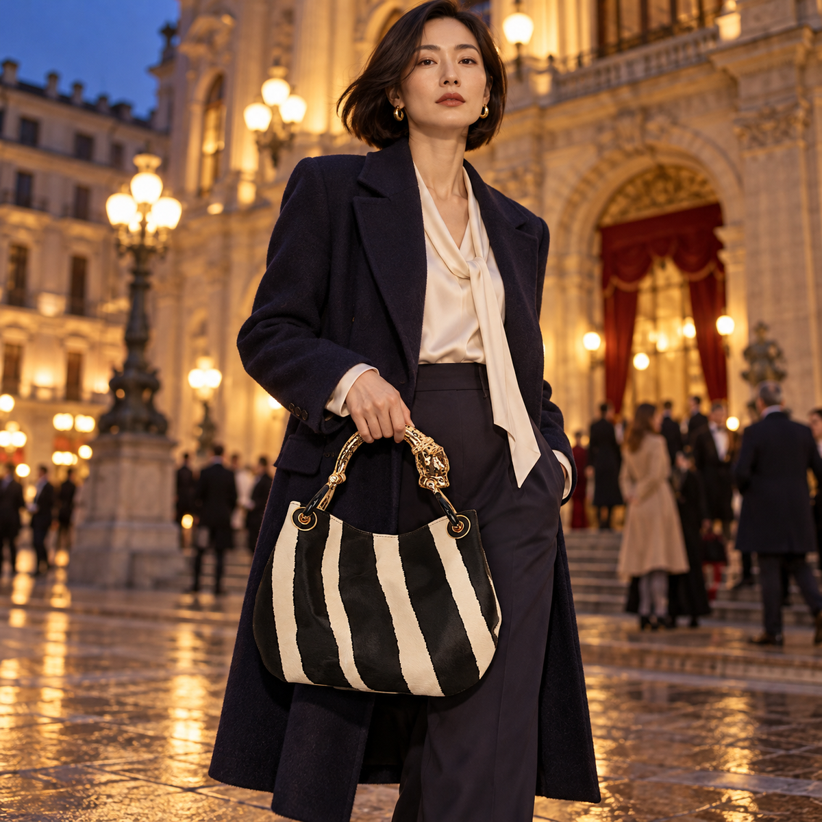 Woman carrying the INGA black and ivory zebra-print pony hair medium handbag with gold jaguar sculpture handle, styled for winter.