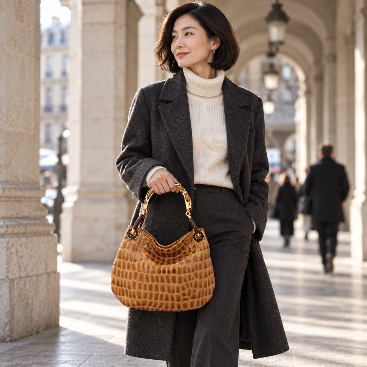 Woman carrying the INGA tan croco-embossed leather medium handbag with snake sculpture handle, styled for winter.