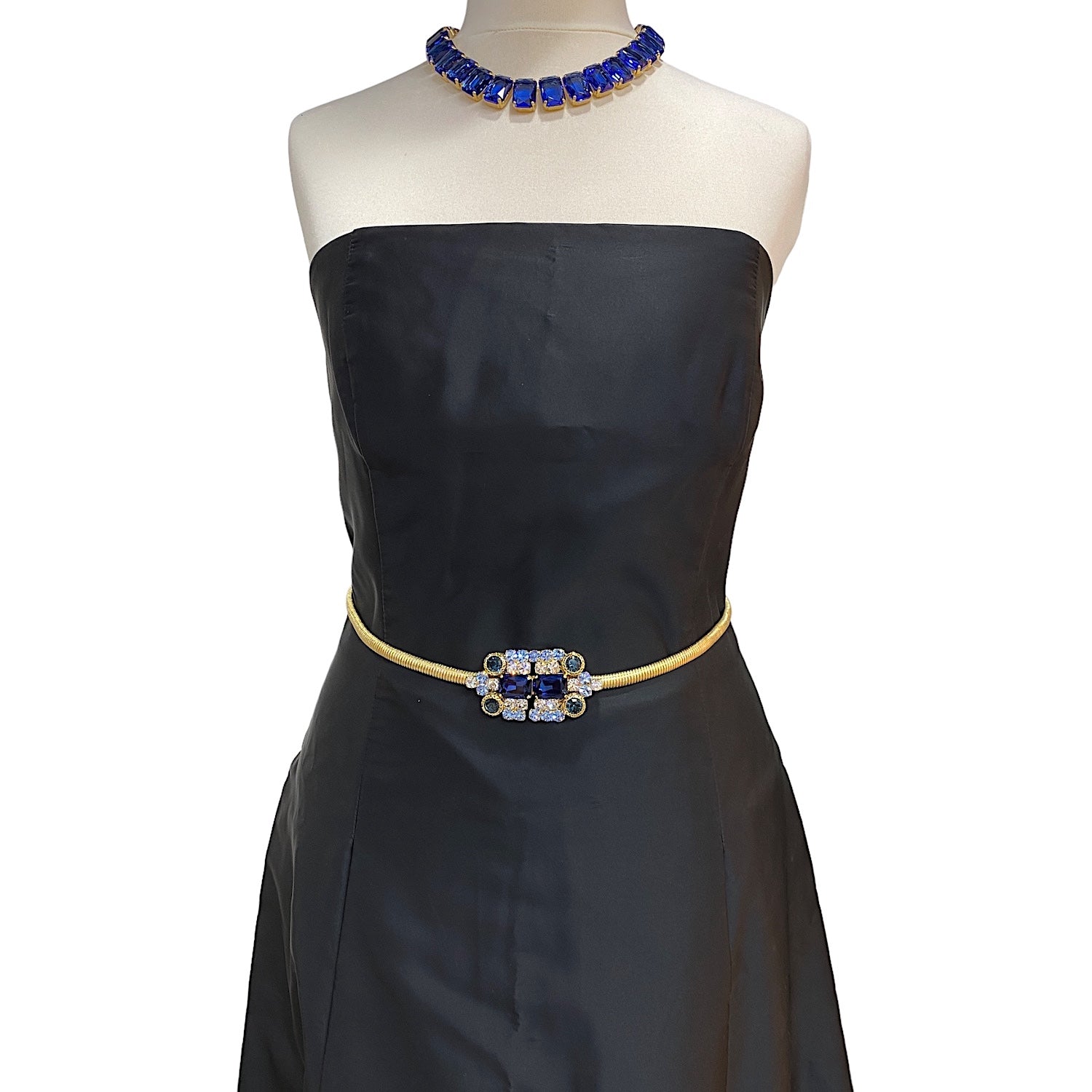 Lucrezia Belt In Thin Slightly Elastic Metal Mesh With Blue End Aquamarine Jewel Buckle.